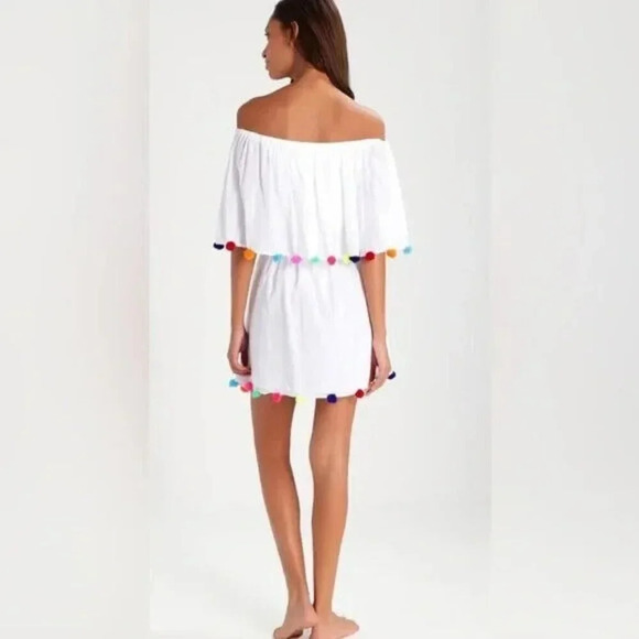 Pitusa White Off-Shoulder Swim Coverup with Multicolor Pom Poms - Picture 2 of 9